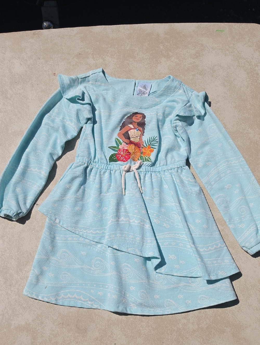Disney Light Blue Moana Graphic Ruffle Sleeve Dress.